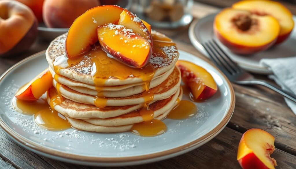 peach pancakes with vanilla syrup